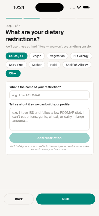PickiPicki dietary restrictions screen, showing profile options like Celiac/GF, Vegan, Vegetarian, and a custom restriction field