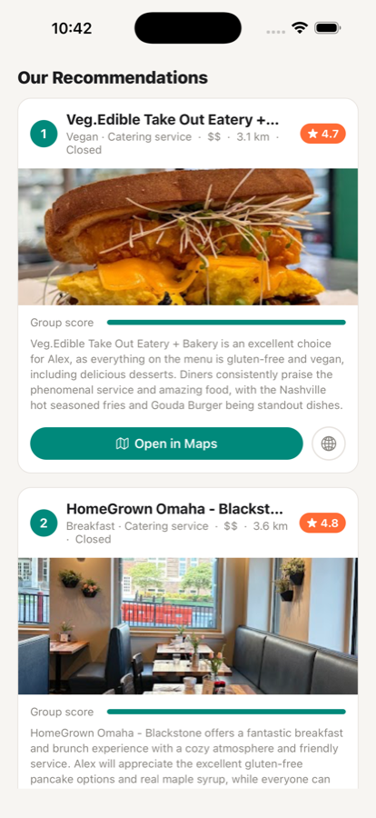 PickiPicki restaurant recommendations screen, showing a group score, photo, and rationale for a matched restaurant